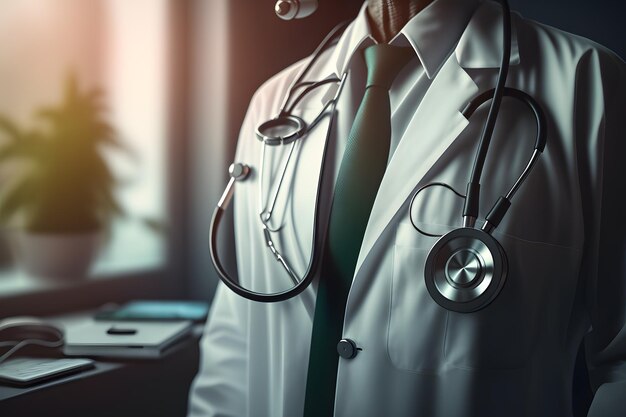 Un médico con un estetoscopio alrededor del cuello se para frente a una ventana.