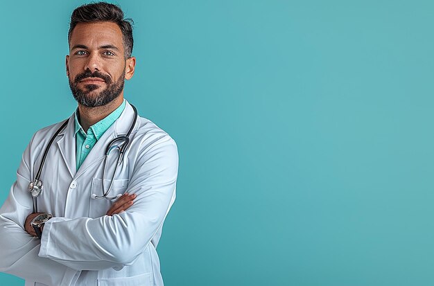 Foto un médico con un estetoscopio en el cuello se encuentra contra un fondo azul