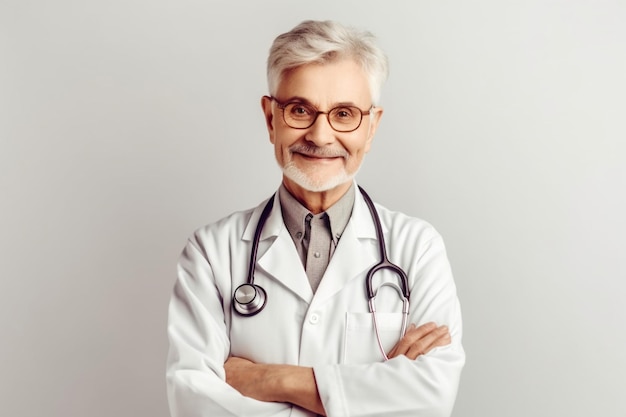 Un médico con un estetoscopio en el cuello está de pie con los brazos cruzados.