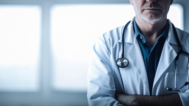 Un médico con un estetoscopio en el cuello se para frente a una ventana.