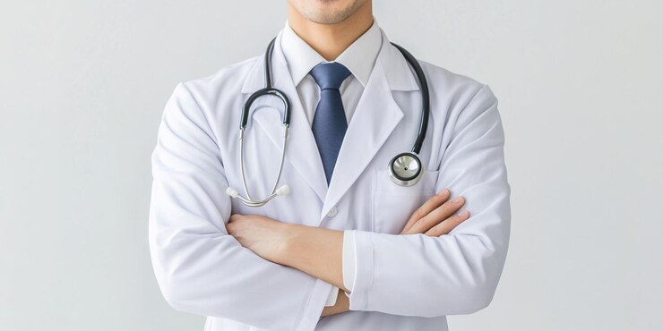 un médico con un estetoscopio en el cuello de pie contra un fondo blanco