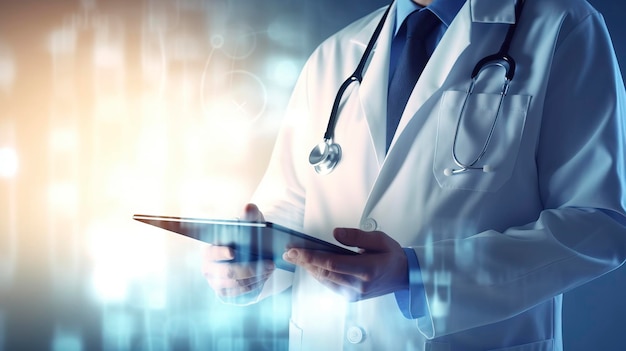 Médico con estetoscopio con espacio de copia de fondo borroso del hospital