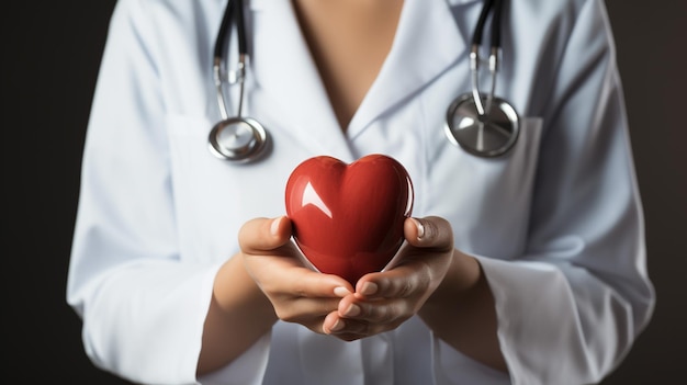 Foto un médico con un estetoscopio examinando el corazón rojo