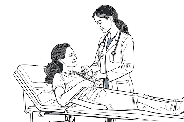 Médico con estetoscopio trata a una mujer paciente Dibujo de línea continua Ilustración vectorial sobre fondo blanco
