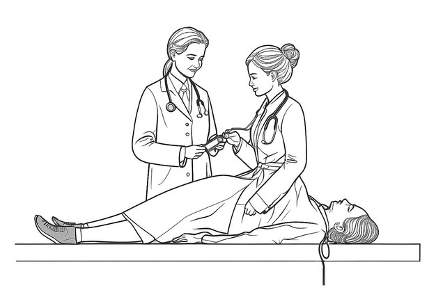 Médico con estetoscopio trata a una mujer paciente Dibujo de línea continua Ilustración vectorial sobre fondo blanco