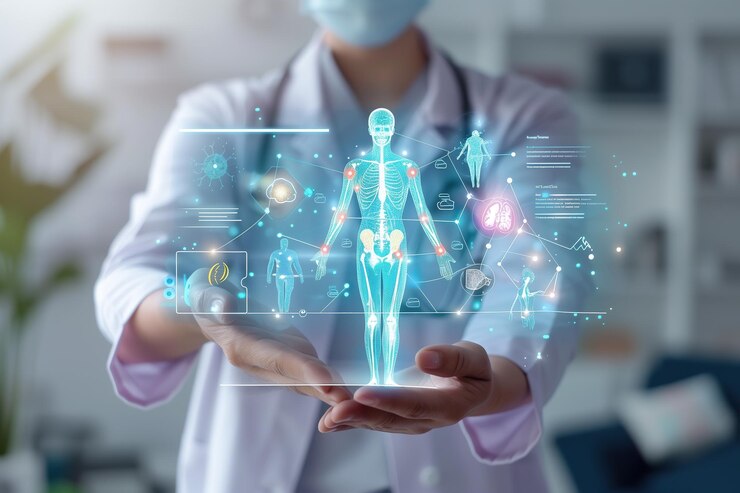 Un médico examina cuidadosamente una proyección virtual de rayos X con atención enfocada Generativa Ai