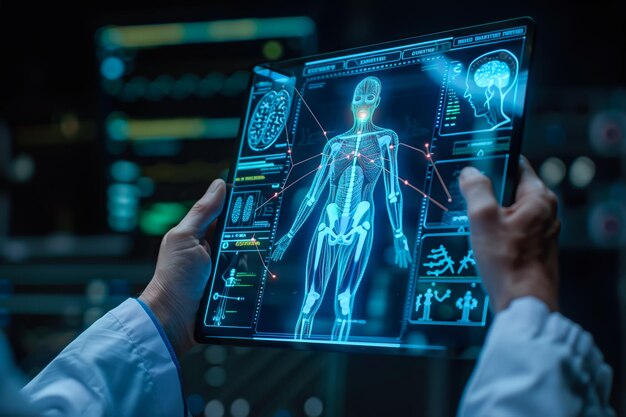 Un médico examina cuidadosamente una proyección virtual de rayos X con atención enfocada Generativa Ai