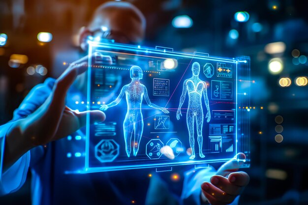 Un médico examina cuidadosamente una proyección virtual de rayos X con atención enfocada Generativa Ai