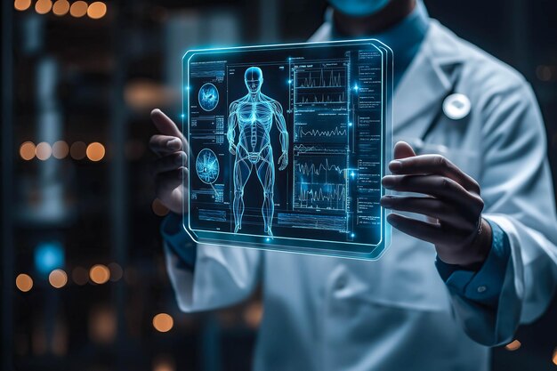 Un médico examina cuidadosamente una proyección virtual de rayos X con atención enfocada Generativa Ai