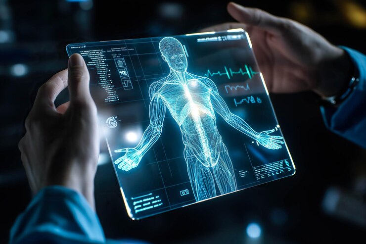 Un médico examina cuidadosamente una proyección virtual de rayos X con atención enfocada Generativa Ai