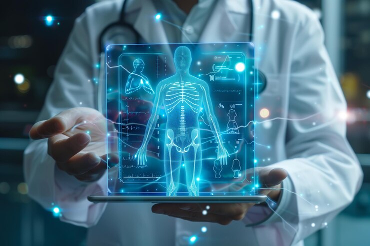 Un médico examina cuidadosamente una proyección virtual de rayos X con atención enfocada Generativa Ai