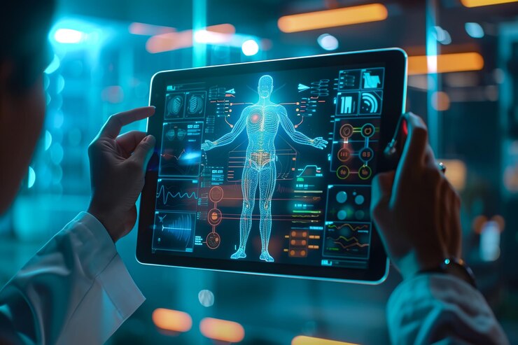 Un médico examina cuidadosamente una proyección virtual de rayos X con atención enfocada Generativa Ai