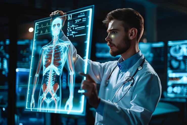 Un médico examina cuidadosamente una proyección virtual de rayos X con atención enfocada Generativa Ai