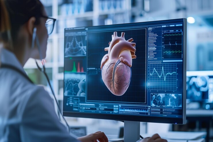 Un médico examina cuidadosamente una radiografía mostrada en un monitor de computadora