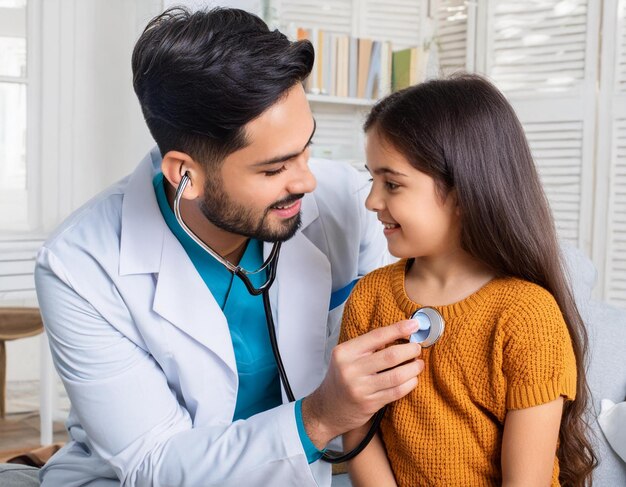 Foto médico examinando menina com estetoscópio em check-up clínico