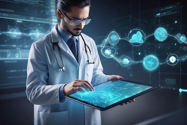 Médico con expediente médico electrónico en una tableta de ADN Atención médica digital y conexión a la red en la interfaz de hologramas Ciencia e innovación Tecnología médica y concepto de red