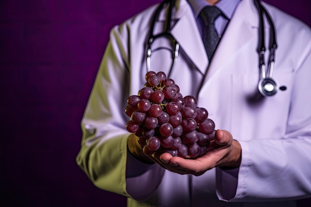 Foto médico experiente detém uvas vermelhas gordas