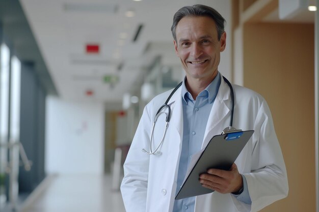 Médico experiente sorrindo no corredor do hospital com IA gerada