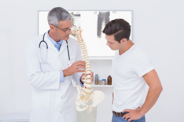 Médico explicando la columna vertebral anatómica a su paciente