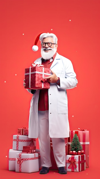 Médico fantasiado de Papai Noel segurando uma caixa de presente de Natal