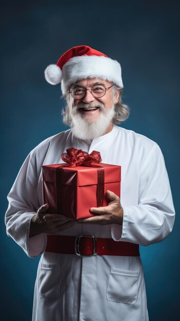 Médico fantasiado de Papai Noel segurando uma caixa de presente de Natal