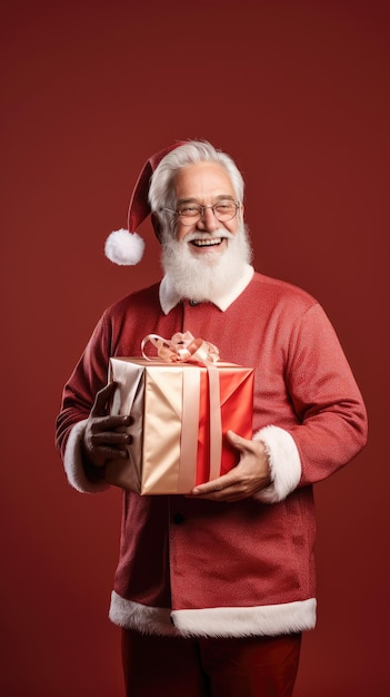 Médico fantasiado de Papai Noel segurando uma caixa de presente de Natal