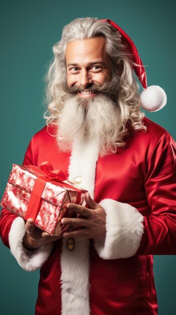 Médico fantasiado de Papai Noel segurando uma caixa de presente de Natal