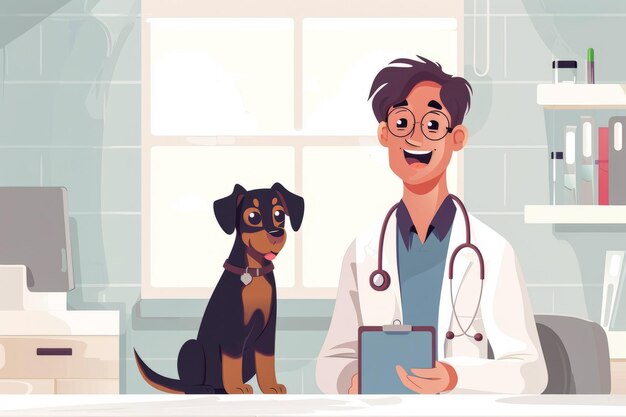 Médico feliz con perro en la clínica veterinaria El veterinario examinó a un perro Veterinario dando a un perro un chequeo