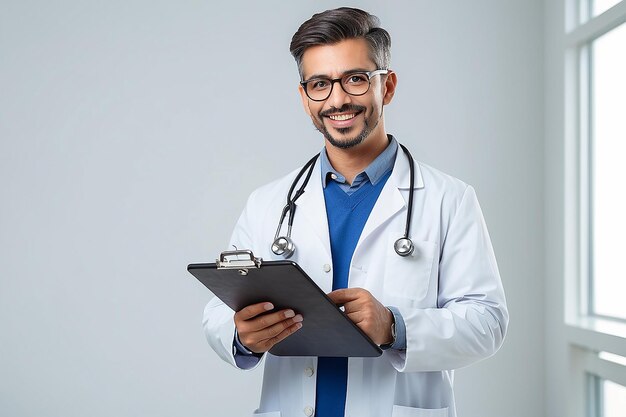 Un médico feliz con un portapapeles