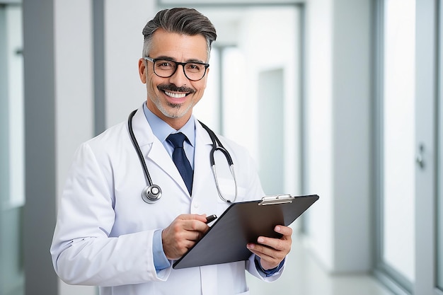 Un médico feliz con un portapapeles