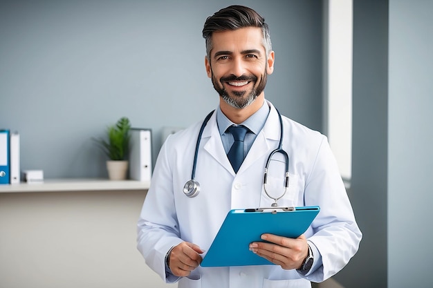 Un médico feliz con un portapapeles