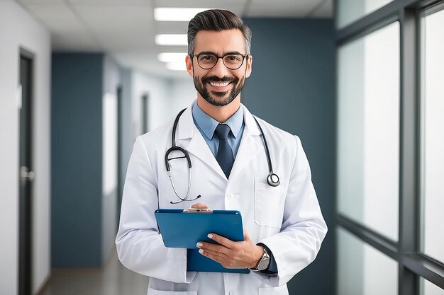 Un médico feliz con un portapapeles