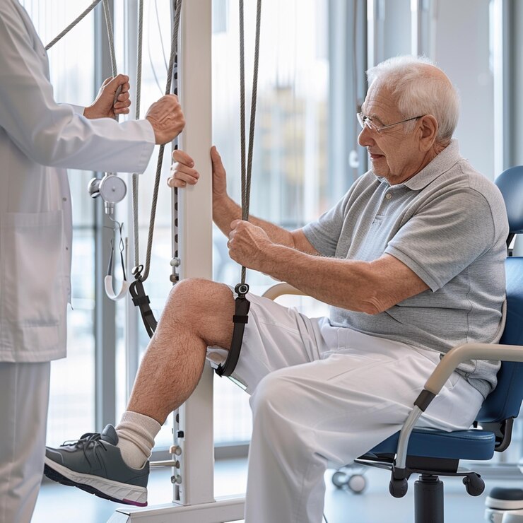 Médico de fisioterapia paciente mayor y cirugía de piernas fisioterapia y curación ortopédica