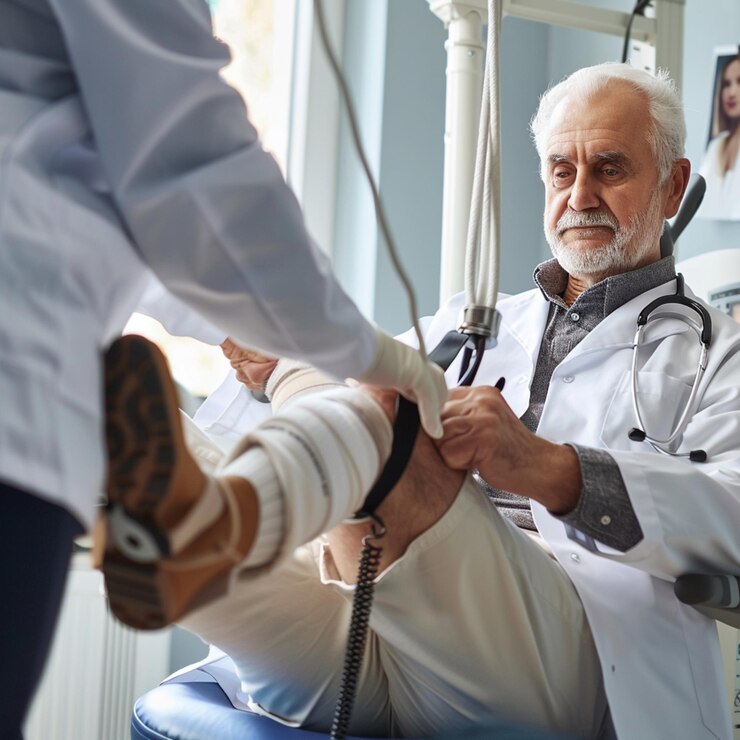 Médico de fisioterapia paciente mayor y cirugía de piernas fisioterapia y curación ortopédica