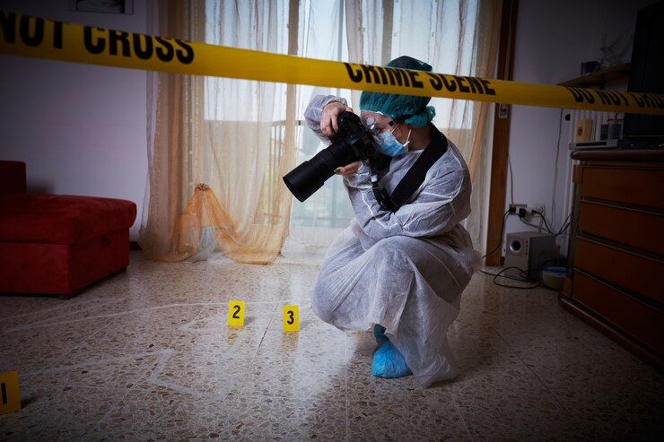 Foto médico forense trabalhando em uma cena de crime