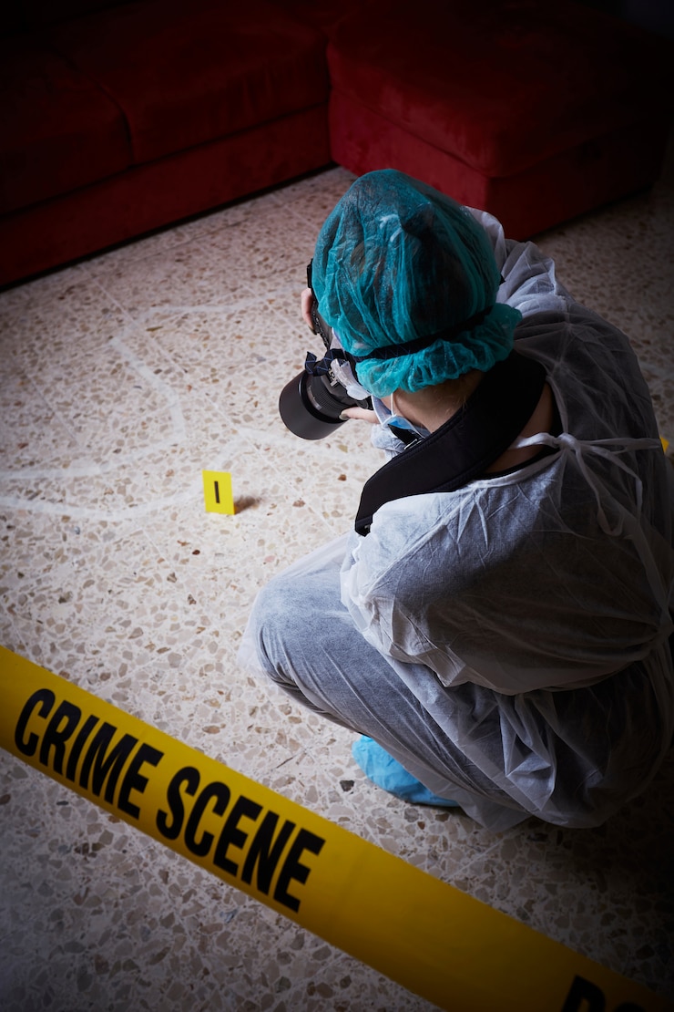 Foto médico forense trabalhando em uma cena de crime