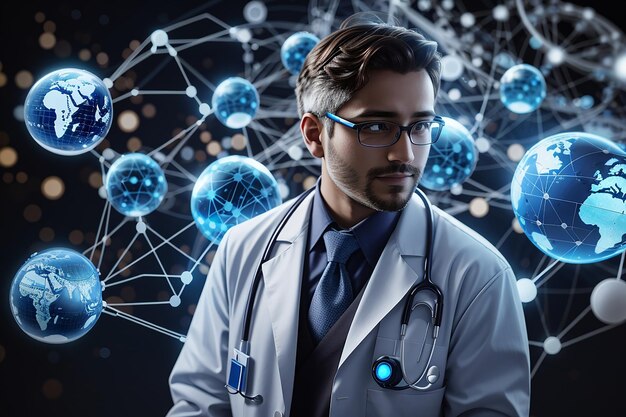 Un médico futurista, un mundo virtual de redes de atención médica, trabaja incansablemente para hacer avanzar la ciencia médica.