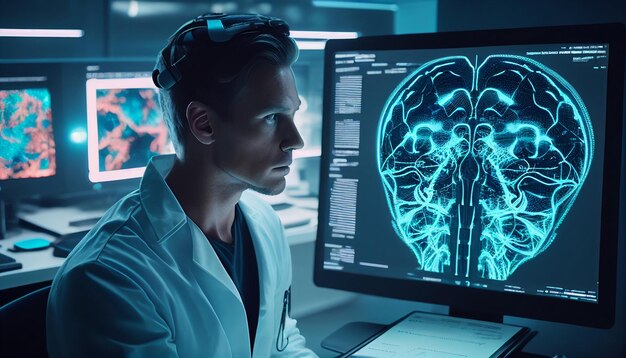 Un médico en el futuro utiliza escaneo holográfico avanzado de la enfermedad de las células cerebrales de un paciente y escaneo de diagnóstico AI Generativex9xA