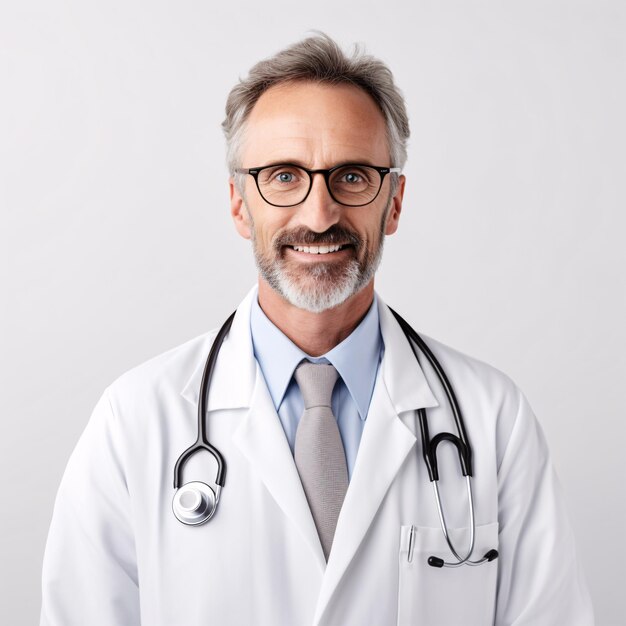 Foto un médico con gafas y una bata blanca con un estetoscopio mira fijamente a la cámara en un fondo en blanco que ofrece un gran espacio para las palabras relacionadas con la salud