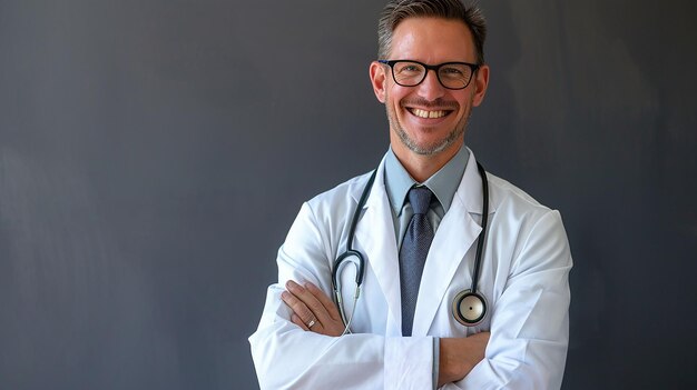 un médico con gafas y un estetoscopio en el cuello