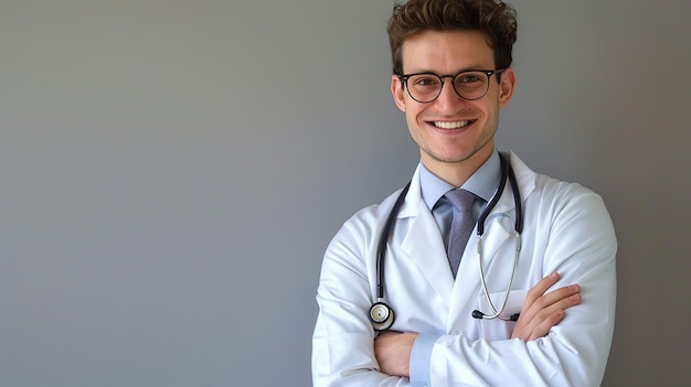 un médico con gafas y un estetoscopio en el cuello