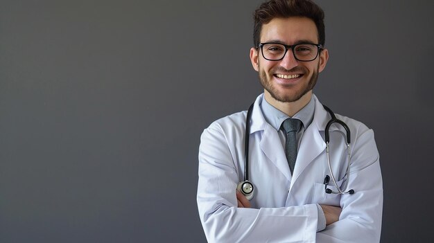 un médico con gafas y un estetoscopio en el cuello