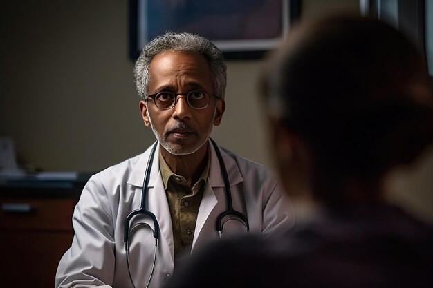 Un médico con gafas y un estetoscopio hablando