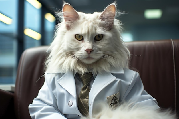 médico gato de terno branco no hospital moderno