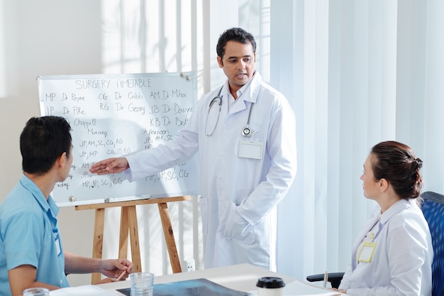 Médico generalista mostrando cronograma de cirurgia