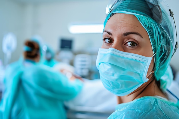 Un médico con una gorra y una máscara está de pie sobre una cama de paciente contra el fondo de una habitación del hospital