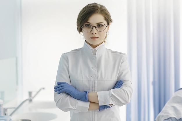 médico con guantes de goma/concepto de pureza de esterilidad, clínica médica, laboratorio, guantes en manos de un médico