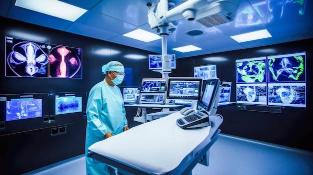 Un médico en una habitación de hospital con muchos monitores.