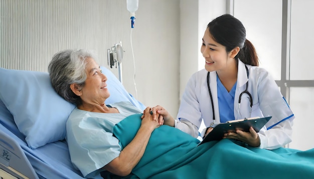 Un médico hablando con una anciana en una cama de hospital