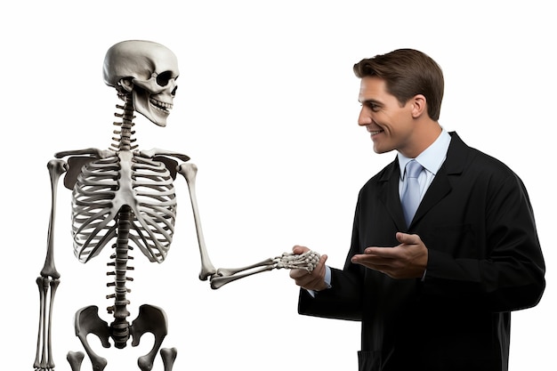 Foto el médico hablando con los pacientes esqueleto